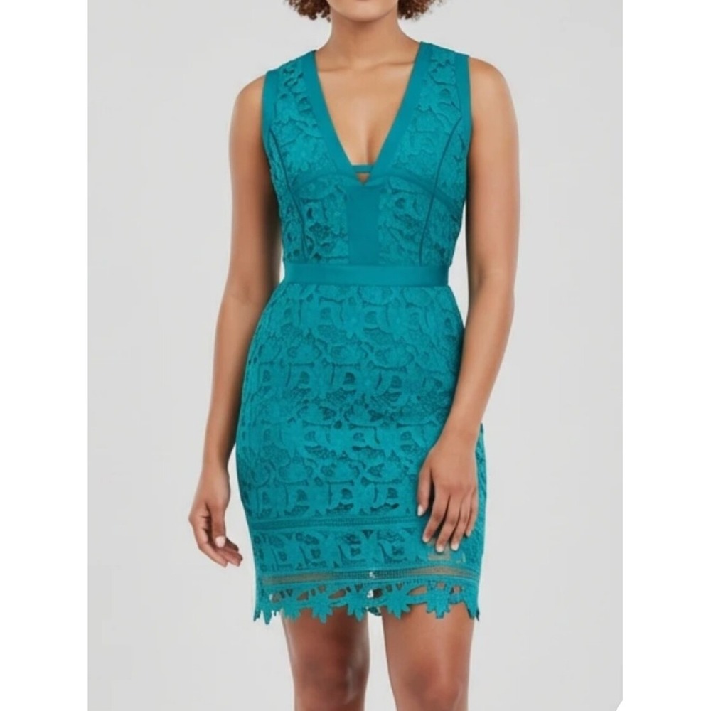 Adelyn Rae Teal Green Floral Lace V-Neck Sleeveless Sheath Dress F612D292 Small